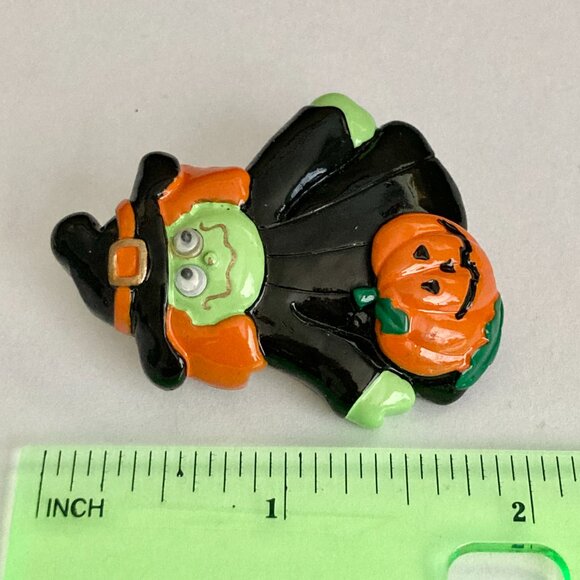 Vintage Halloween Witch Pin Brooch Pumpkin Witches Hat Black Orange Green Resin - Picture 6 of 7
